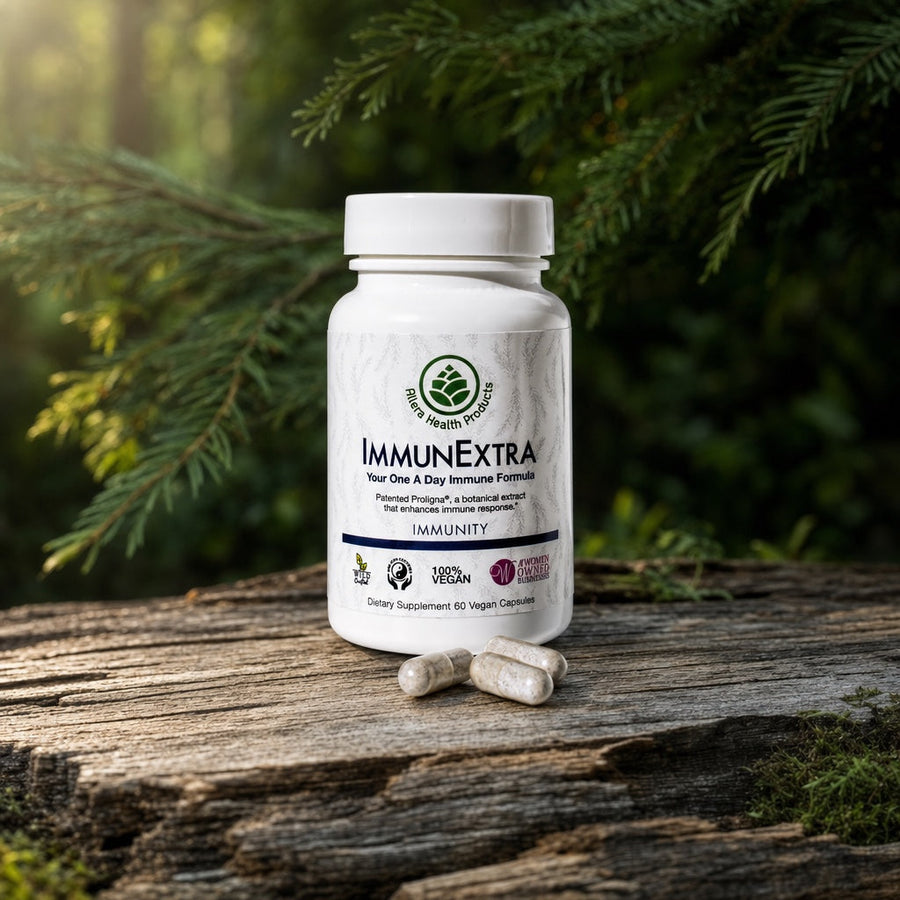 ImmunExtra bottle in the forest on weathered wood with capsules — one-a-day pine cone extract immune supplement.