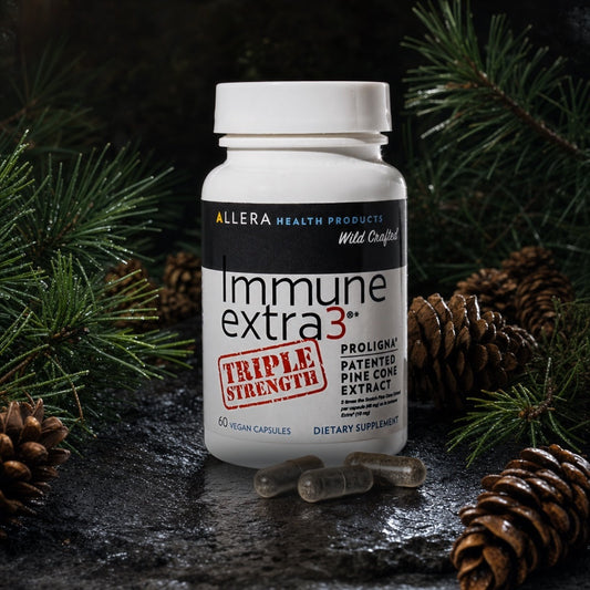 ImmunExtra 3 Triple Strength bottle on wet slate with pine cones and branches — 48 mg Proligna pine cone extract, 60 vegan capsules.