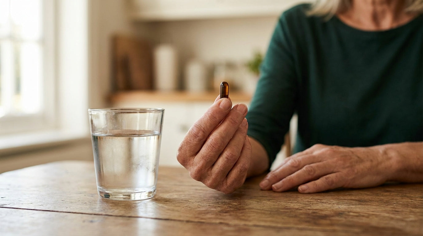 A hand holding one capsule beside a glass of water in morning light
