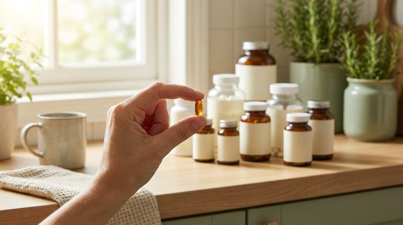 A hand holding one capsule in front of a counter of supplement bottles