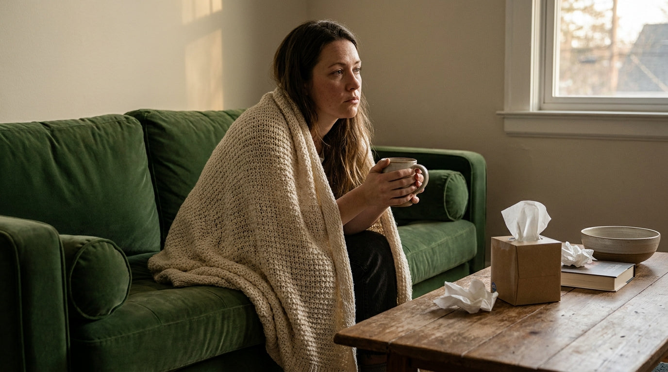 A woman wrapped in a blanket on a couch with a mug of tea and tissues