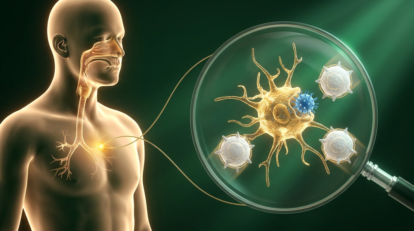 Translucent body with a magnified view of a dendritic cell catching virus particles