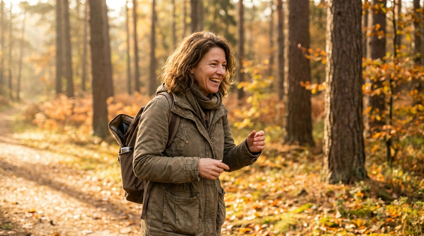 A smiling woman walking a forest trail in autumn morning light